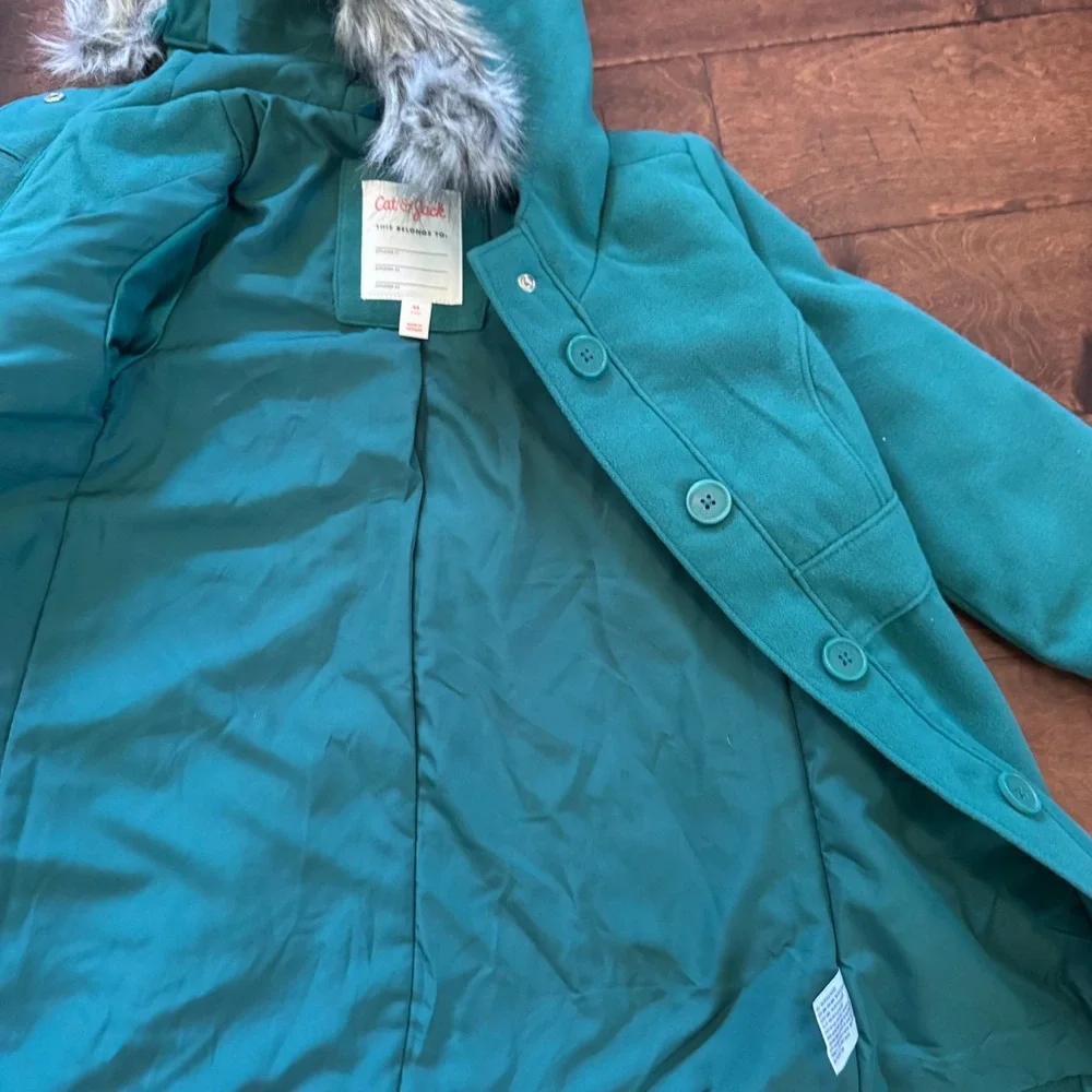 Cat & Jack Girls Green Faux Fur Hooded Pea Coat Jacket XS 4-5